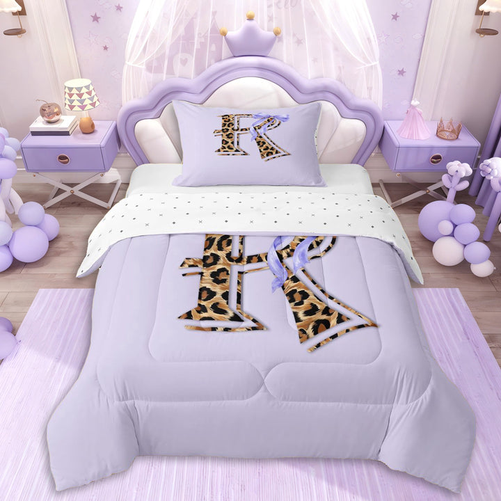 Erosebridal Girls Letter R Monogrammed Cartoon Bowknot Twin Comforter Sets 3-Piece,Purple Bow Vintage Leopard Print Bedding Set,Breathable Home Decor