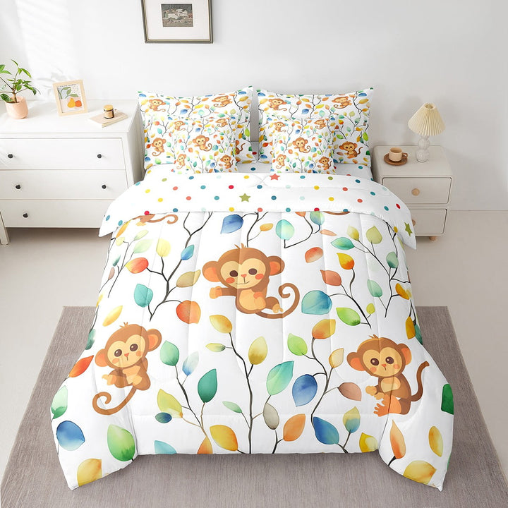 Erosebridal Kawaii Monkey Twin Comforter Set 7pcs Chic Elegant Floral Bedding Comforter Sets, Woodland Animal Bed in a Bag Watercolor Leaves Bedding Set, Tropical Plant Bed Sheets Set