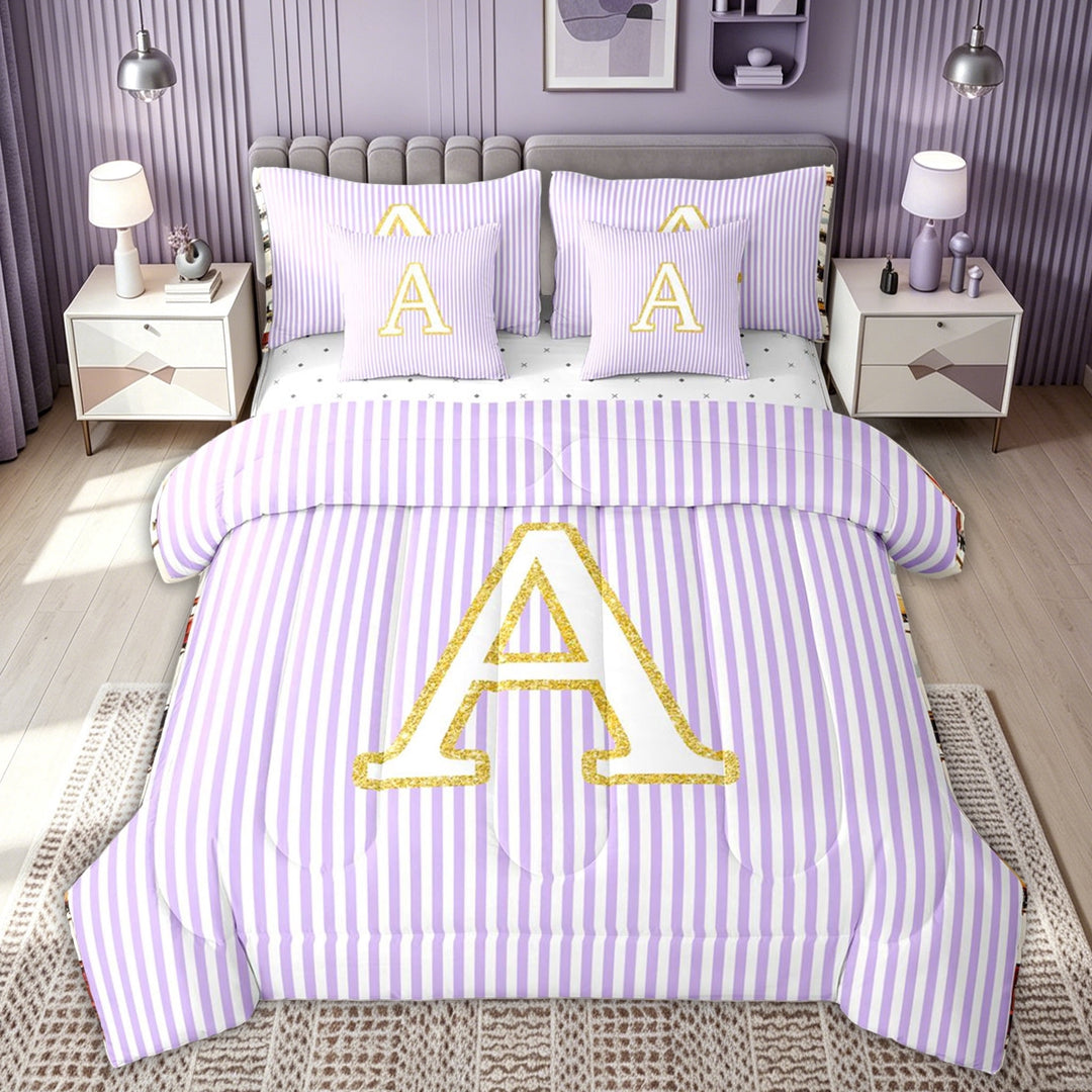 meiyoeat Gold A Monogram Full Size Bedding Sets for Kids Girls Women, Purple Stripes Full Size Bed in a Bag for Bedroom, Reversible, 7-Piece