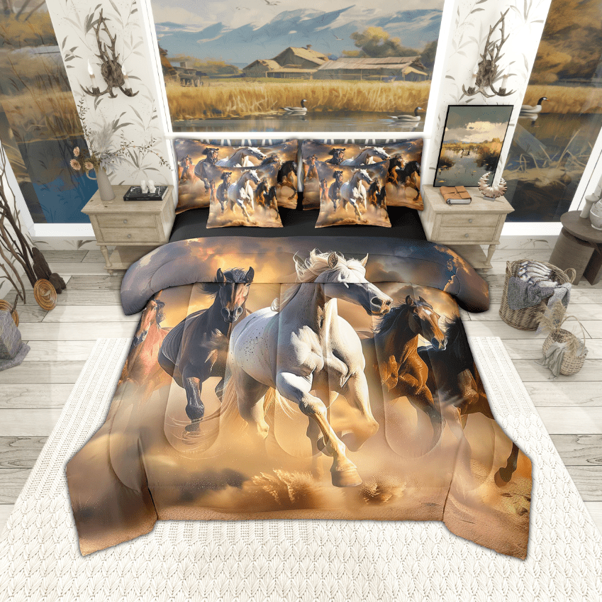 Horse Bed in a Bag 7 Pieces Galloping Horse Bedding Set , Farm Animal Twin Size Comforter Set Brown Bedding Comforter Sets, Hippie Wildlife Bed Set Lightweight Soft Bedroom Decor