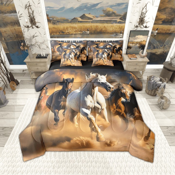 Horse Bed in a Bag 7 Pieces Galloping Horse Bedding Set , Farm Animal Twin Size Comforter Set Brown Bedding Comforter Sets, Hippie Wildlife Bed Set Lightweight Soft Bedroom Decor