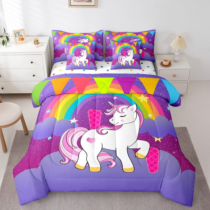 Erosebridal Purple Unicorn Bed in a Bag Twin size, Initial I Bedding Sets Twin Size, Cartoon Monogrammed Reversible Comforter Sets with Sheets, Lightweight Bedroom Decorative, 7pcs