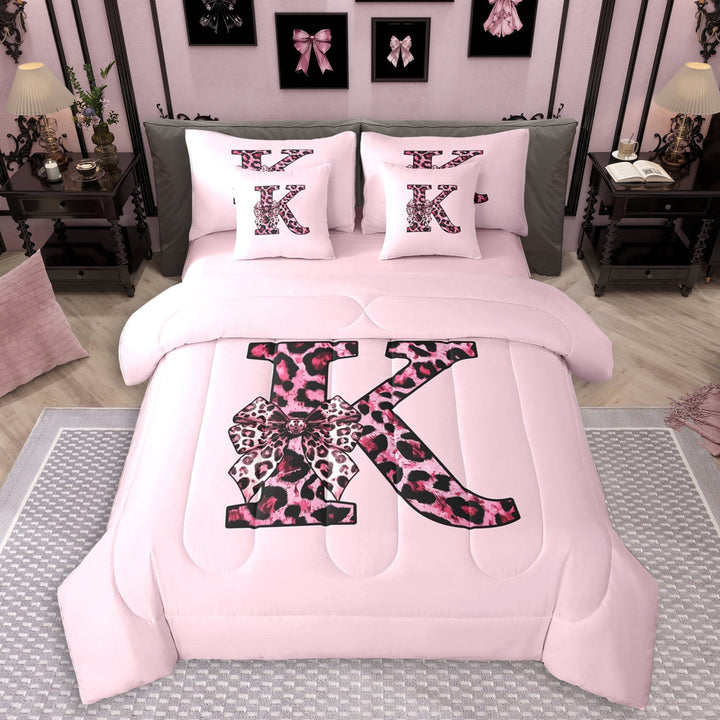 Erosebridal Girls Black Pink K Letter Monogrammed Twin Bedding Sets 7-Piece,Kids Cheetah Print Bow Tie Bedding Comforter Set,Pink Reversible