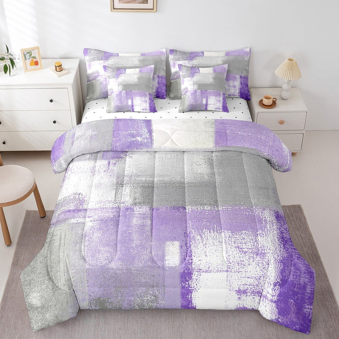 Erosebridal Lavender Purple Grey Comforter Set Queen,Contemporary Ombre Bed in A Bag,Oil Painting Bedding Sets,Retro Watercolor Artwork Reversible Bed Sets with Sheet Set 7 Pcs