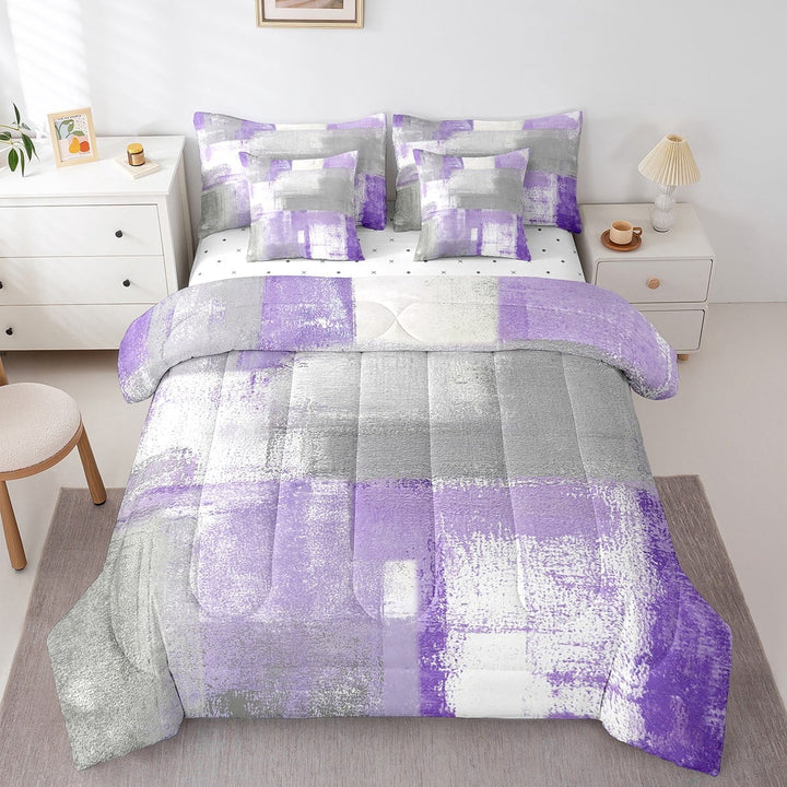 Erosebridal Lavender Purple Grey Comforter Set Queen,Contemporary Ombre Bed in A Bag,Oil Painting Bedding Sets,Retro Watercolor Artwork Reversible Bed Sets with Sheet Set 7 Pcs