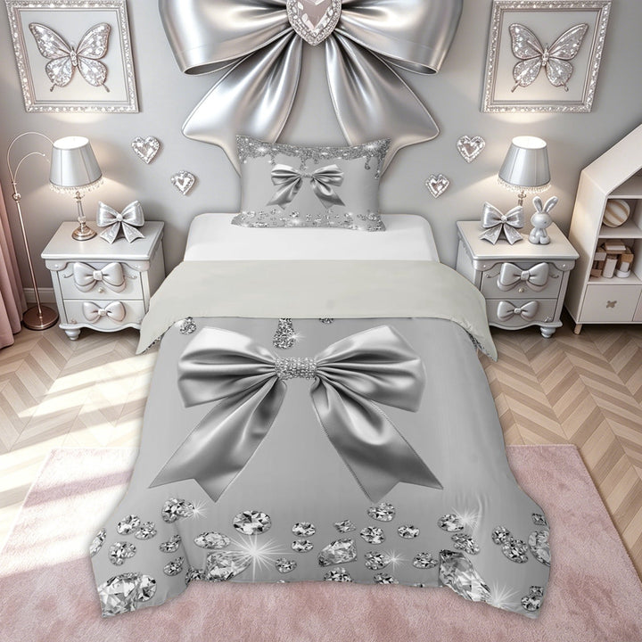 Meiyoeat Fashion Glitter Bow Gemstones Duvet Cover Set for Women Girls, Silver Sequin Print Bedding Full, Grey Reversible, 1 Duvet Cover and 2 Pillowcases (No Comforter)