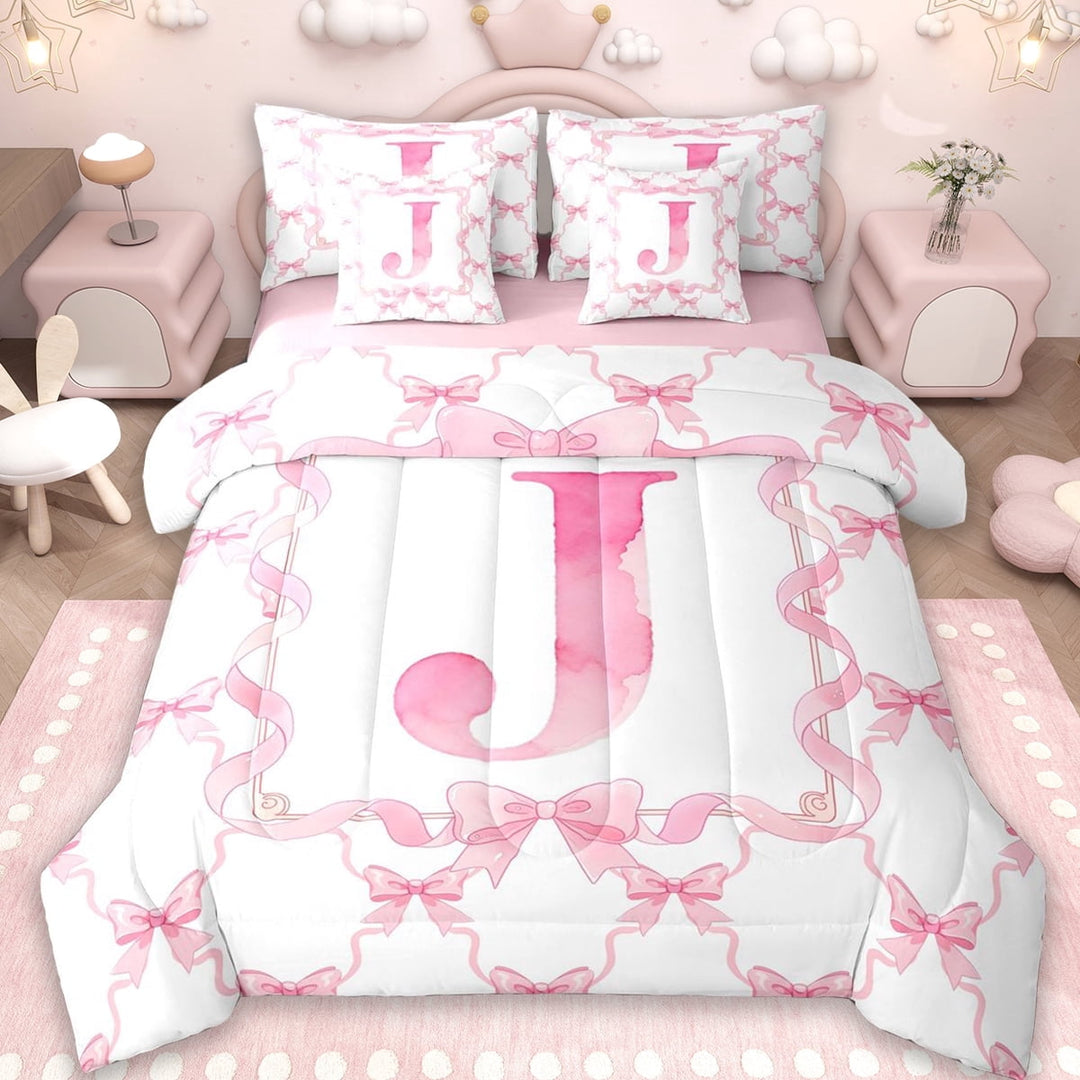 Erosebridal Pink Ribbon Bows 7-Piece Twin Bedding Sets,Princess Bowtie Monogrammed J Theme Bedding Comforter Set For Kids,Reversible pink