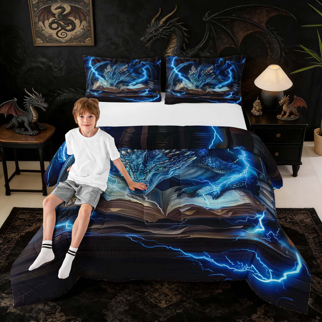 Erosebridal Blue Lightning Book Dragon Queen Comforter Set for Boys and Girls, Blue Electric Fantasy Bedding Comforter Set, 3pcs 1 Comforter and 2 Pillowcases