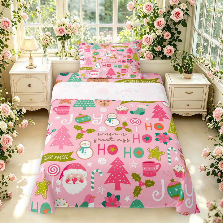 Manfei Christmas Santa Claus Twin Sheets,Cute Snowman Bedding,Pink,3-Piece,1 Flat Sheet,1 Fitted Sheet and 1 Pillowcase