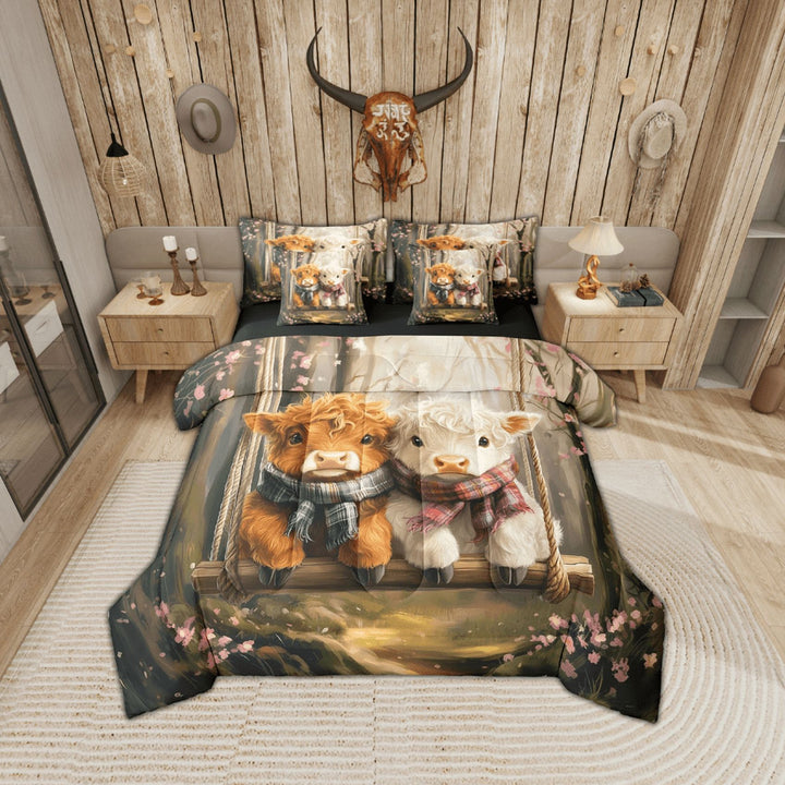 Erosebridal Cute Little Highland Cow Bed in a Bag Twin Size, Rustic Swing Pink Floral Bed Set, Farmhouse Decor, Reversible 7 Pieces