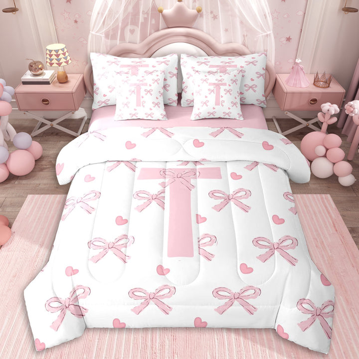 Erosebridal Pink Letter T Monogrammed Twin Bedding Sets 7-Piece,Girls Kawaii Love Heart Bow Knot Bedding Comforter Set,Pink Reversible,Super Cozy Room Decor