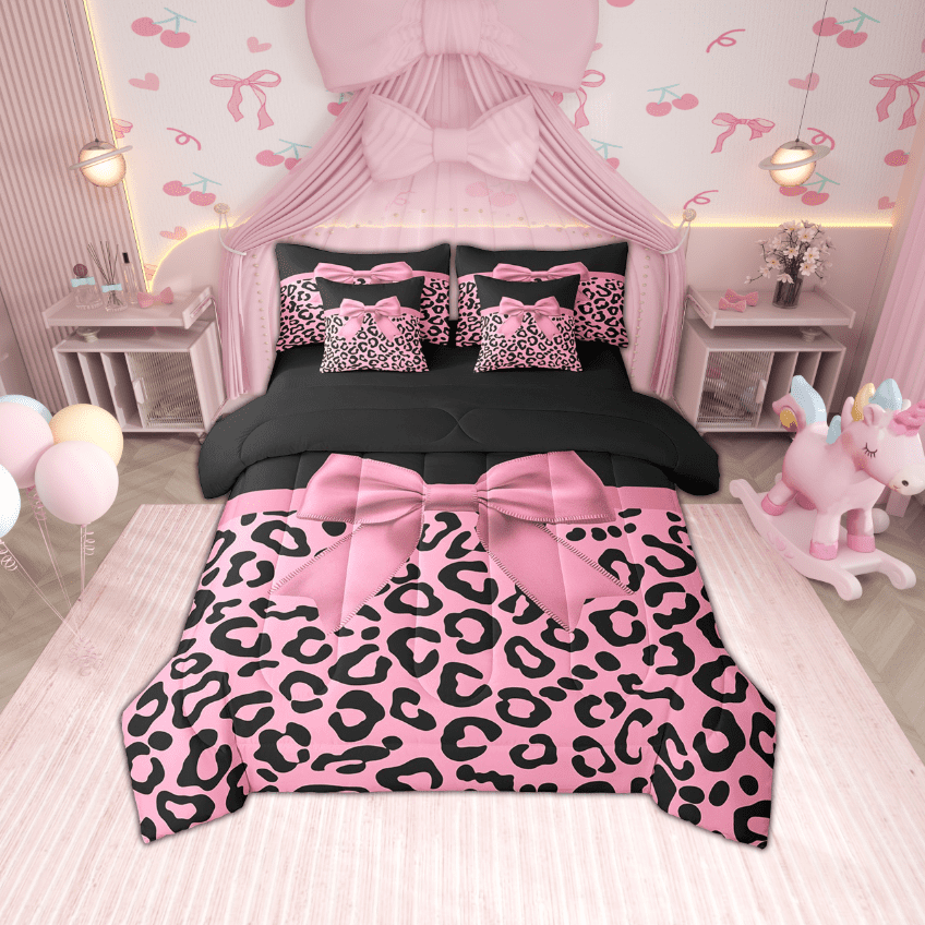 Erosebridal Princess Bowknot Bed in a Bag King size, Pink Cheetah Print Comforter Sets with Sheets, Reversible 7pcs