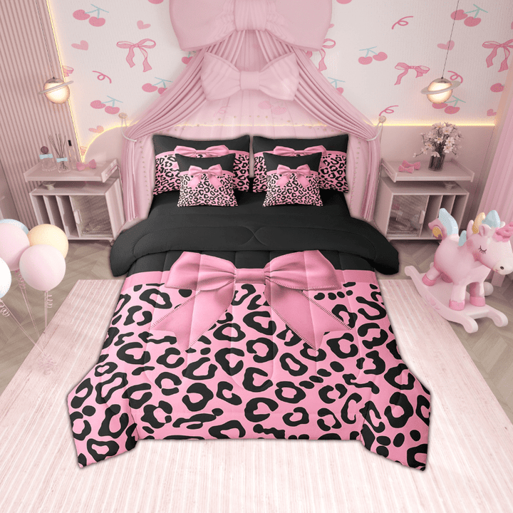 Erosebridal Princess Bowknot Bed in a Bag King size, Pink Cheetah Print Comforter Sets with Sheets, Reversible 7pcs