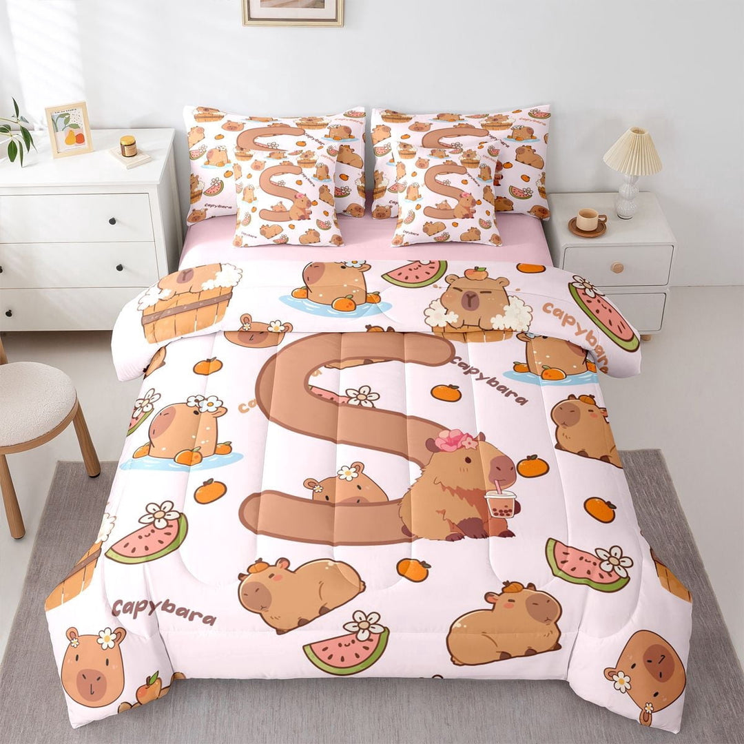 Erosebridal Kawaii Capybara Letter Monogrammed S Twin Bedding Sets 7-Piece For Boys Girls,Cute Food Fruit Food Animal Bedding Comforter Set For Kids,Pink Reversible