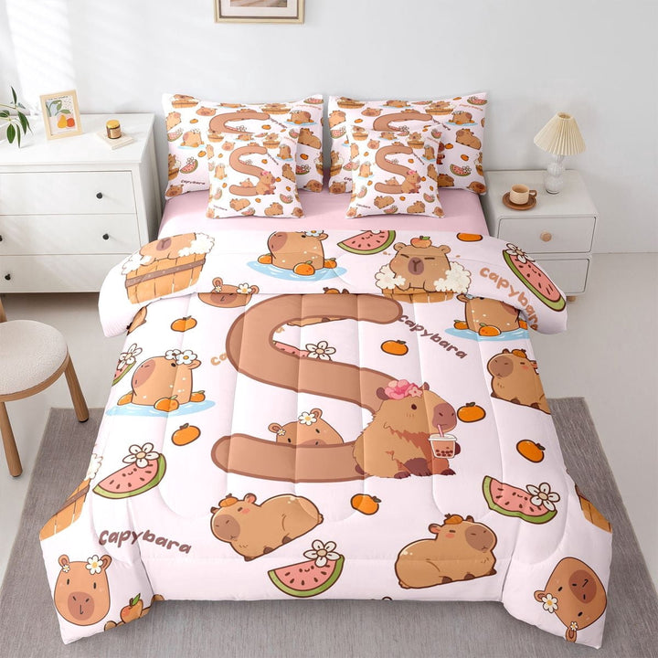 Erosebridal Kawaii Capybara Letter Monogrammed S Twin Bedding Sets 7-Piece For Boys Girls,Cute Food Fruit Food Animal Bedding Comforter Set For Kids,Pink Reversible