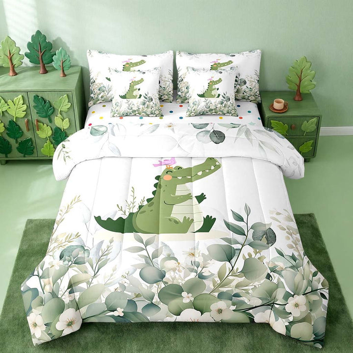 7-Piece Cartoon Crocodile Bedding Twin Woodland Wildlife Comforter Set, Spring Bedding Comforter Sets Eucalyptus Leaf Bed in a Bag, Jungle Animal Theme Bedding Accessories Room Decor