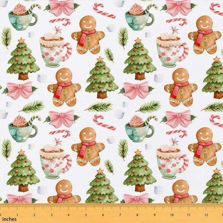 Manfei Christmas Tree Fabric by the Yard 1 Yard, Kawaii Gingerbread Home Decor Fabric by the Yard, White Multicolor