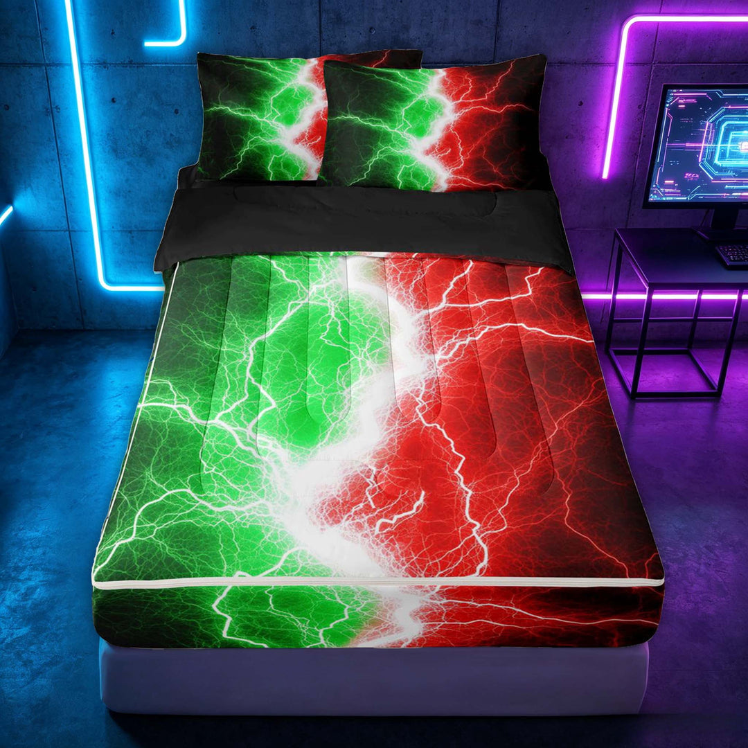 meiyoeat Neon Lightning Pattern Zipper Full Size Comforter Sets with Fitted Sheet and 2 Pillowcases for Boys, Electric Green Red Print Zipper Bedding Set, Black Reversible