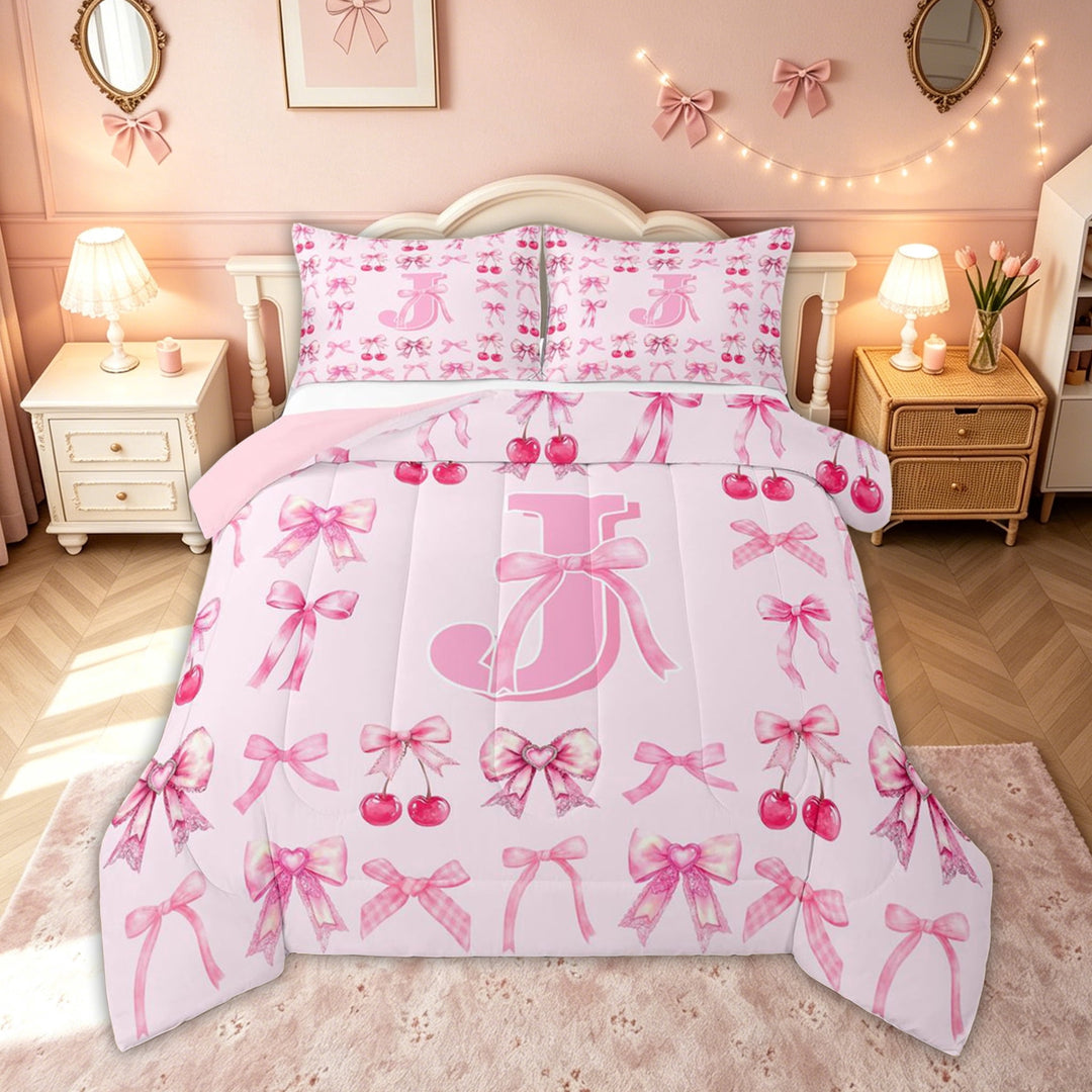 meiyoeat Cute Bow Letter J Full Size Comforter Sets for Kids, Bowknot Cherry Bedding Comforter Set, Pink, Pink Reversible, 3 Pieces, 1 Comforter and 2 Pillowcases