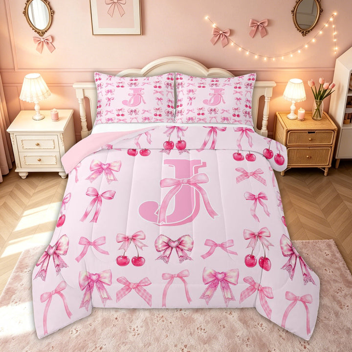 meiyoeat Cute Bow Letter J Full Size Comforter Sets for Kids, Bowknot Cherry Bedding Comforter Set, Pink, Pink Reversible, 3 Pieces, 1 Comforter and 2 Pillowcases