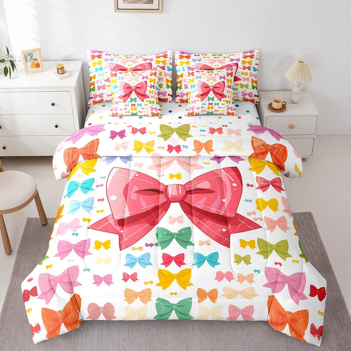 Cute Bow Knot Bedding Set Full Size 7 Piece,Kawaii Simple Bows Bed in a Bag Bed Set,Cartoon Ribbon Printed Soft Bedding Bed Sets,Pink Yellow Colorful Bed Sheets Set
