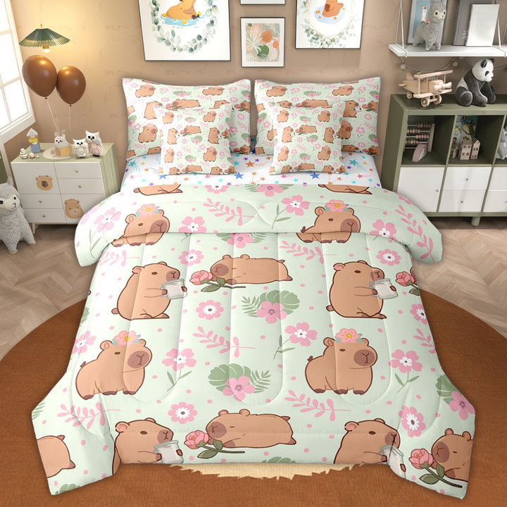 Erosebridal Floral Capybara Kids Twin Bedding Sets, Green Palm Leaf Bedding Comforter Set, 7 Pieces