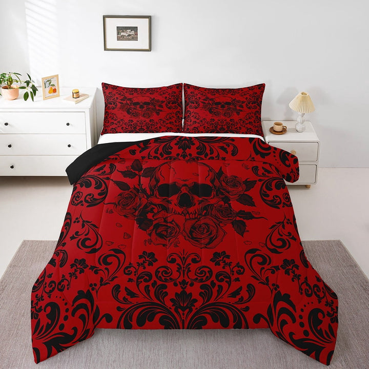 Rose Skull Bedding Set Queen Damask Floral Gothic Bedding Comforter Sets Halloween Skull Skeleton Comforter Set Adults,Goth Hippie Skull Bed Set Red Black