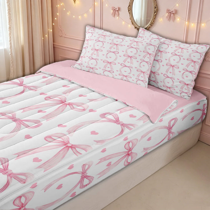 meiyoeat Sweet Pink Bow Zipper Full Size Comforter Sets with Fitted Sheet and 2 Pillowcases for Kids Girls, Watercolor Love Hearts Zipper Bedding Set for Bedroom, Pink ReversibleG