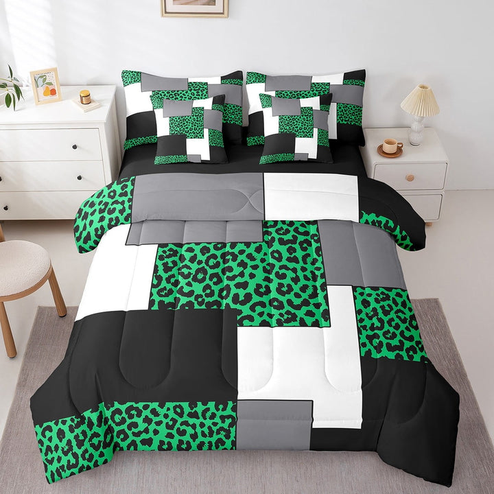 Erosebridal Striped 7 Pcs Comforter Set Queen,Mid Century Bed in A Bag for Teens Youth,Geometric Bedding Sets,Lime Green Printed Cheetah Reversible Bed Sets with Sheet Set Bedroom Decor