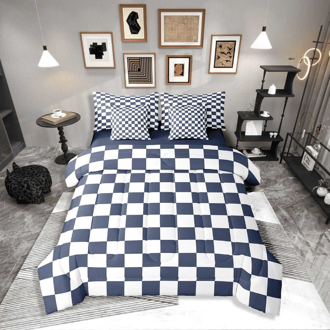 Erosebridal Buffalo Square Bedding Sets Twin Size,Blue White Comforter Sets with Sheets,Geometric Decoration,Reversible,Breathable,7-Piece