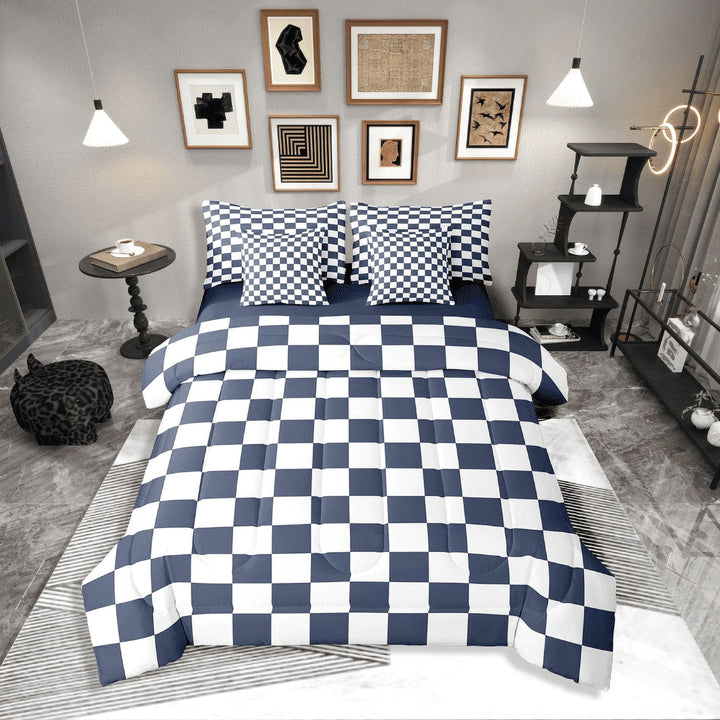 Erosebridal Buffalo Square Bedding Sets Twin Size,Blue White Comforter Sets with Sheets,Geometric Decoration,Reversible,Breathable,7-Piece