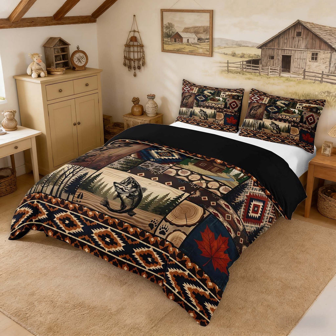 Erosebridal Bass Fish Cabin Patchwork Queen Duvet Cover Set for Men and Women, Rustic Woodland Bedding 3-Piece, 1 Duvet Cover and 2 Pillowcases