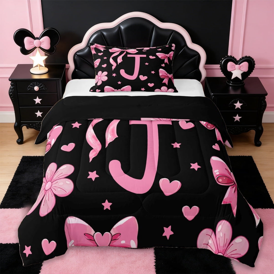 Erosebridal Girl Bowknot Twin Comforter Sets,Cute Heart Print Pink First Letter J Bedding Set For Kids,Reversible black,2-Piece