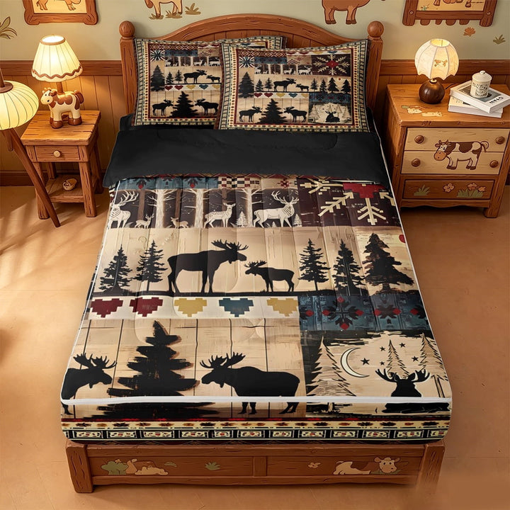 meiyoeat Moose Cabin Zipper Full Size Comforter Sets with Fitted Sheet and 2 Pillowcases,Jungle Animal Deer Zipper Bedding Set For Boys,Red Black,Black Reversible,4-Piece