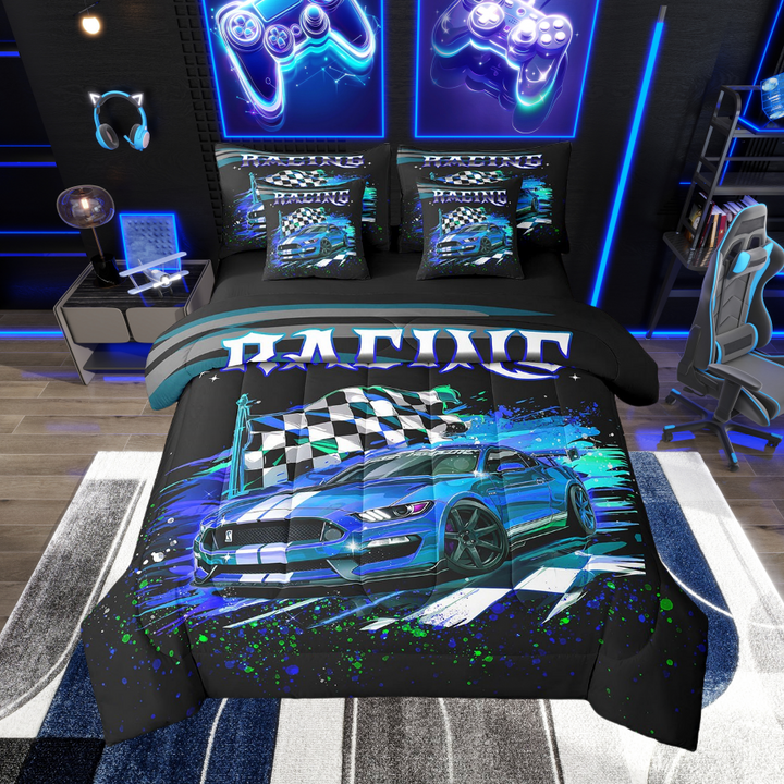 Race Car Twin Bedding Sets 7 Piece,Racing Car Comforter Set Black White Racing Checkered Flag Bed In A Bag For Teen Men Extreme Sports Sheet Set With Comforter Bedroom Decor