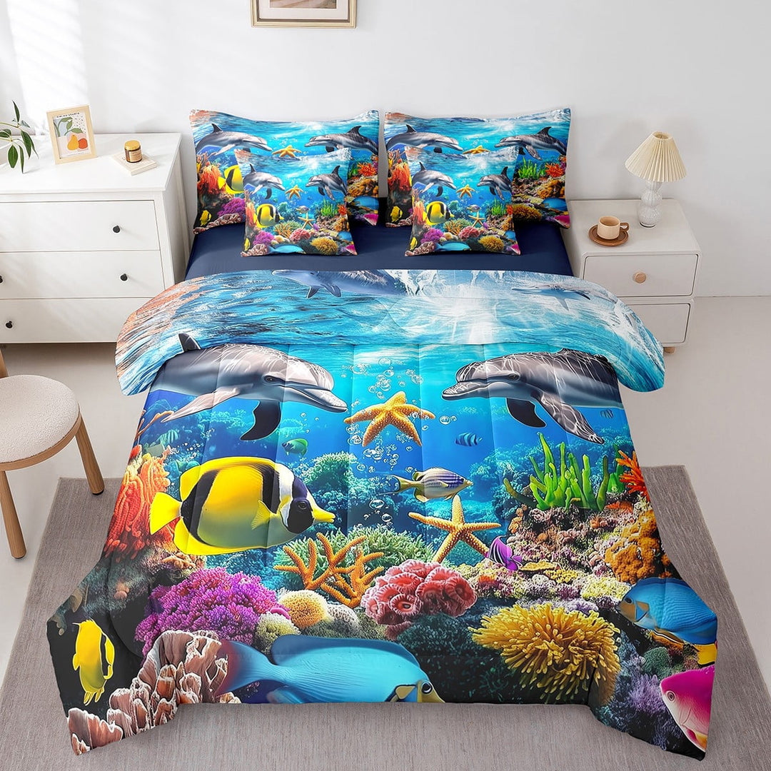 Erosebridal Dolphin Comforter Set Full Size 7 Pieces Fish Starfish Ocean Marine Sea Creatures Theme Bedding Set Underwater World Bed in a Bag with Comforter,Sheets