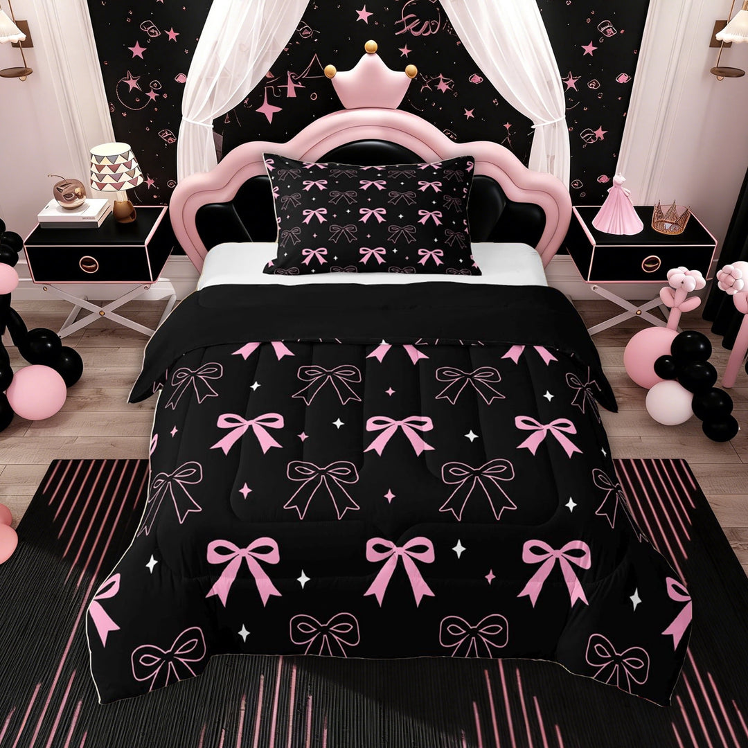 Erosebridal Girly Cute Bow Twin Comforter Sets for Kid, Kawaii Ribbon Bedding Set, Black Pink, 2 Pieces