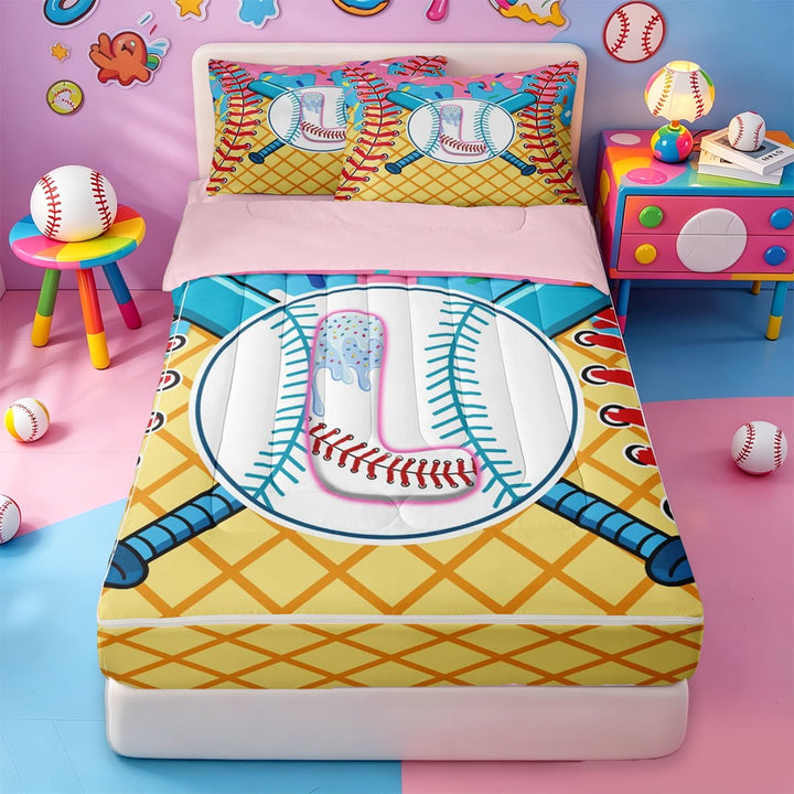 meiyoeat Cream Baseball Sport Themed Zipper Full Size Comforter Sets with Fitted Sheet and 2 Pillowcases,Watercolor Drip 3D Initial L Alphabet Print Zipper Bedding Set,4-Piece