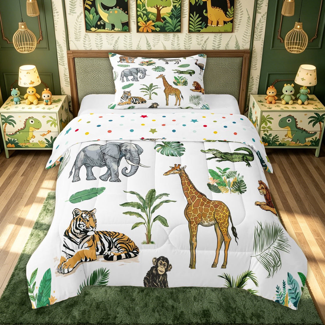 meiyoeat Elephant Lion Animal Full Size Comforter Sets for Kids Boys, Jungle Wildlife Print Bedding Comforter Set, White Green, Polkadot Reversible, 3pcs