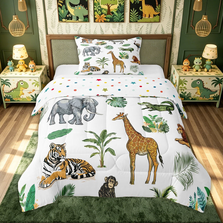 meiyoeat Elephant Lion Animal Full Size Comforter Sets for Kids Boys, Jungle Wildlife Print Bedding Comforter Set, White Green, Polkadot Reversible, 3pcs