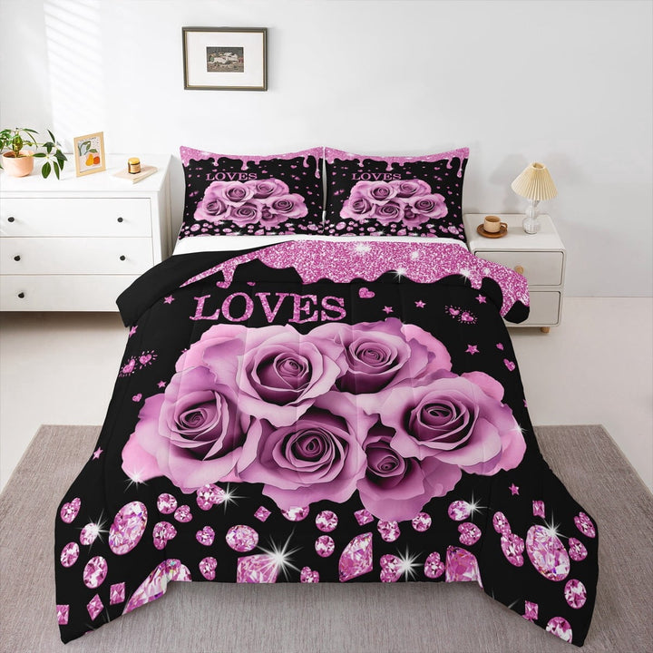 Erosebridal Black Pink Queen Comforter Set ,Glitter Diamond Rose Print Comforter Romantic Rose Flower Gifts For Women Lovers Wedding Anniversary Bedding Set,Sequins Love Heart Quilt Set