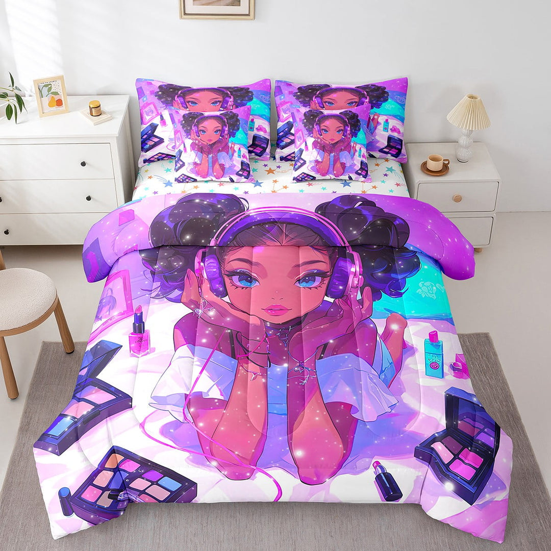 7 Piece Black Magical Bedding Set Twin Size American African Princess Comforter Set Reversible Colorful Stars Bed In A Bag For Teen Women Fashion Makeup Decor Bed Set
