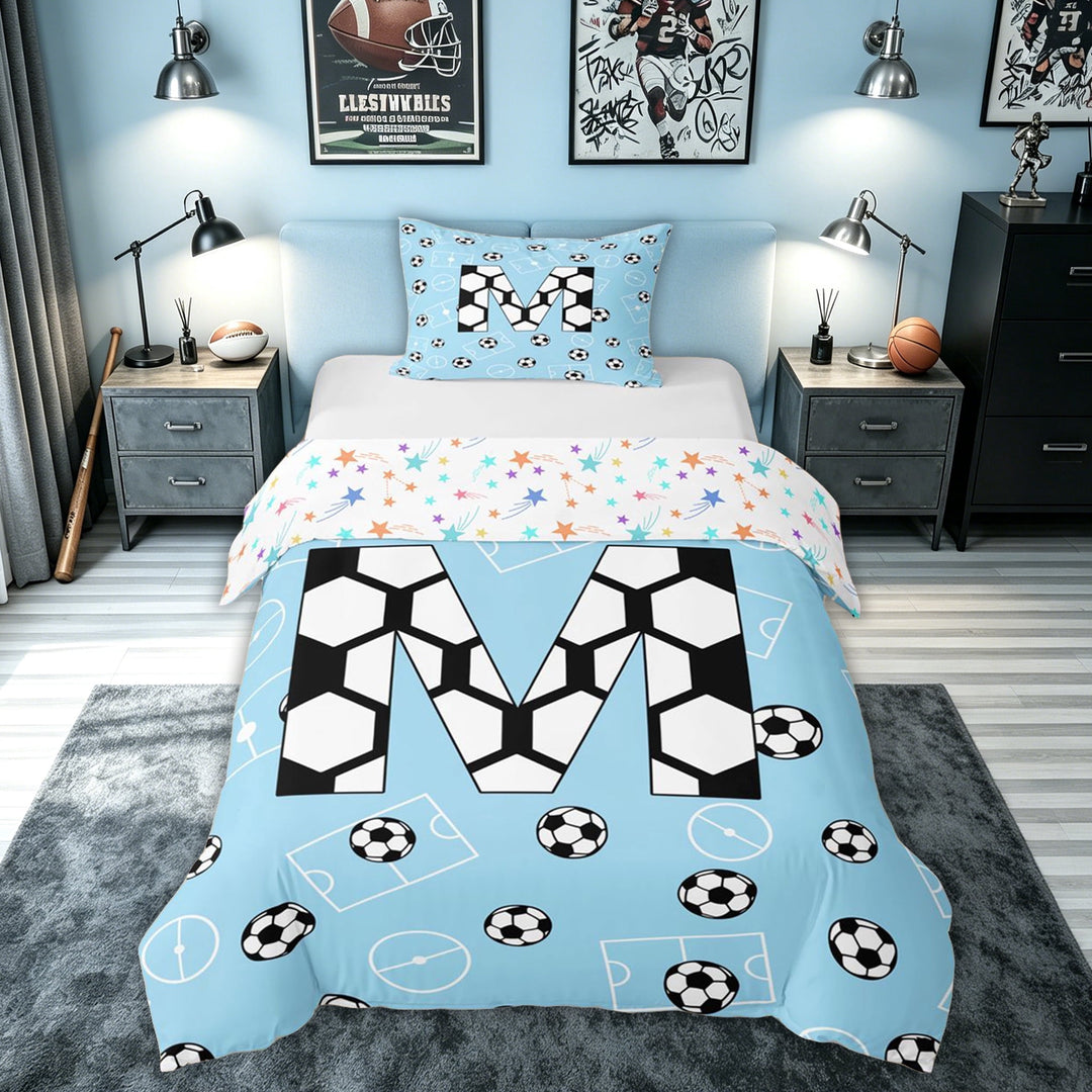 meiyoeat Soccer Letter M Bedding for Boys, Ball Field Duvet Cover Full, Blue, Colorful Stars Reversible 3 Pieces, 1 Duvet Cover and 2 Pillowcases (No Comforter)