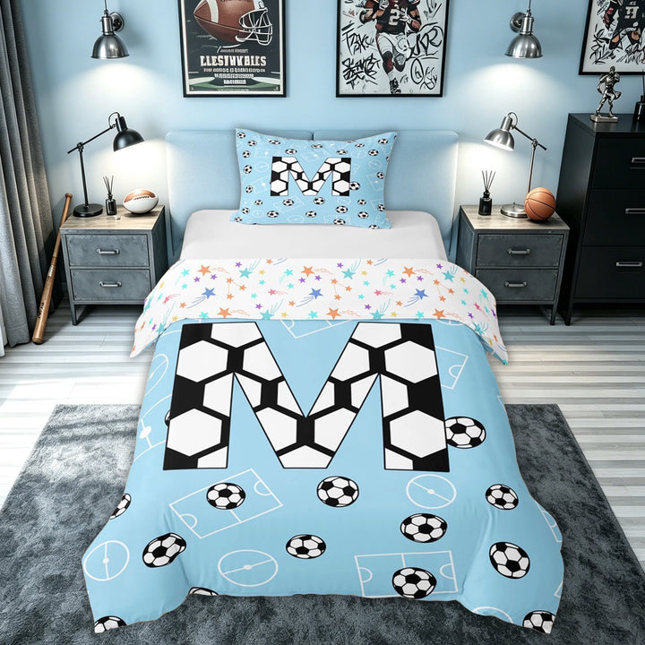 meiyoeat Soccer Letter M Bedding for Boys, Ball Field Duvet Cover Full, Blue, Colorful Stars Reversible 3 Pieces, 1 Duvet Cover and 2 Pillowcases (No Comforter)