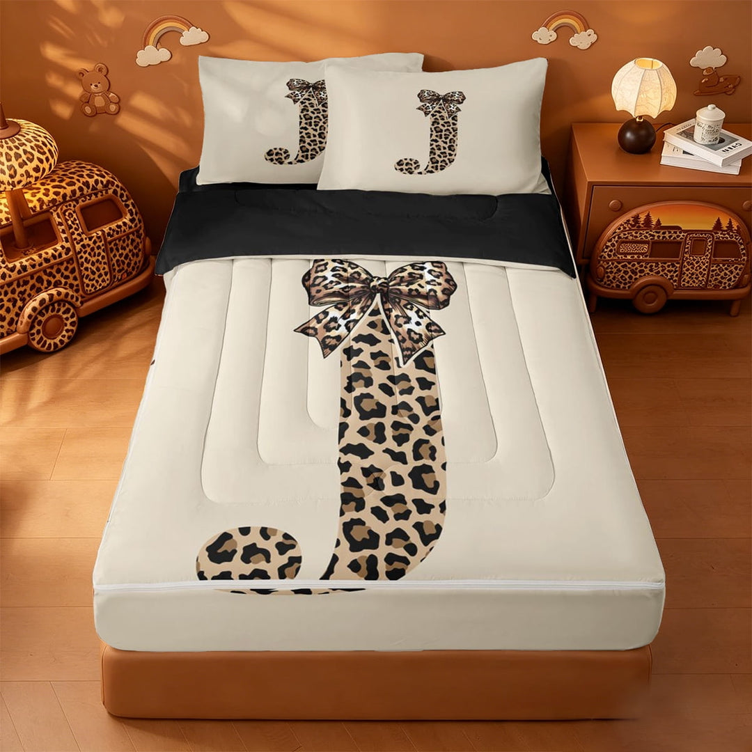 meiyoeat personalized Leopard Print Initial Art Zipper Twin Comforter Sets with Fitted Sheet and 2 Pillowcases,Cheetah Bow Monogram J Zipper Bedding Set,Black Reversible,4 Pieces