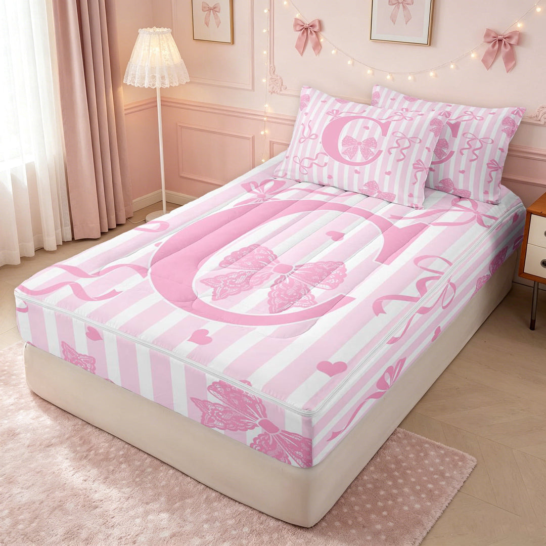 meiyoeat Princess Bow Initial C Zipper Full Size Comforter Sets with Fitted Sheet and 2 Pillowcases for Girls, Pink Stripe Lines Zipper Bedding Set, Pink Reversible, 4-Piece