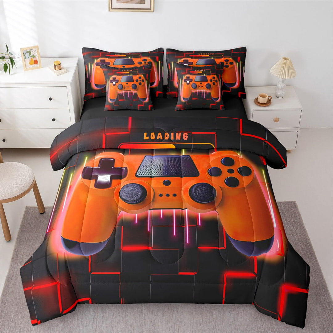 Orange Gaming Comforter Set 7 Piece Bed in a Bag Twin,Gamer Bedding Sets Neon Lights Abstract Geometry Sheet Set with Comforter Gamer Room Decor