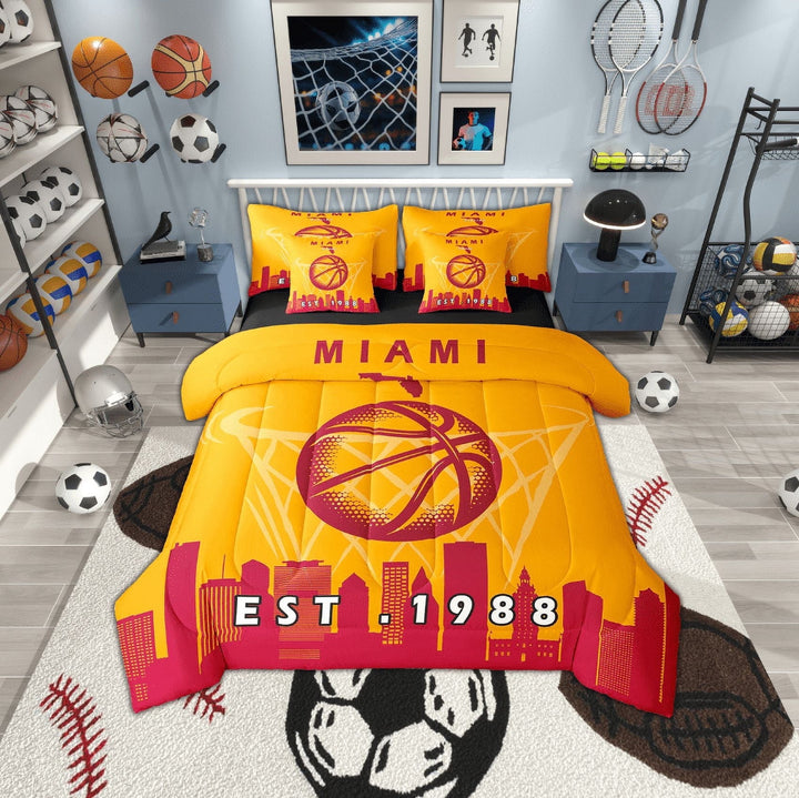 Erosebridal 7 Pcs Comforter Set Queen Size,Basketball Bed in a Bag with Flat Sheet and Fitted Sheet and Adults,Sports Bedding Set with Pillowcase and Sham,Miami