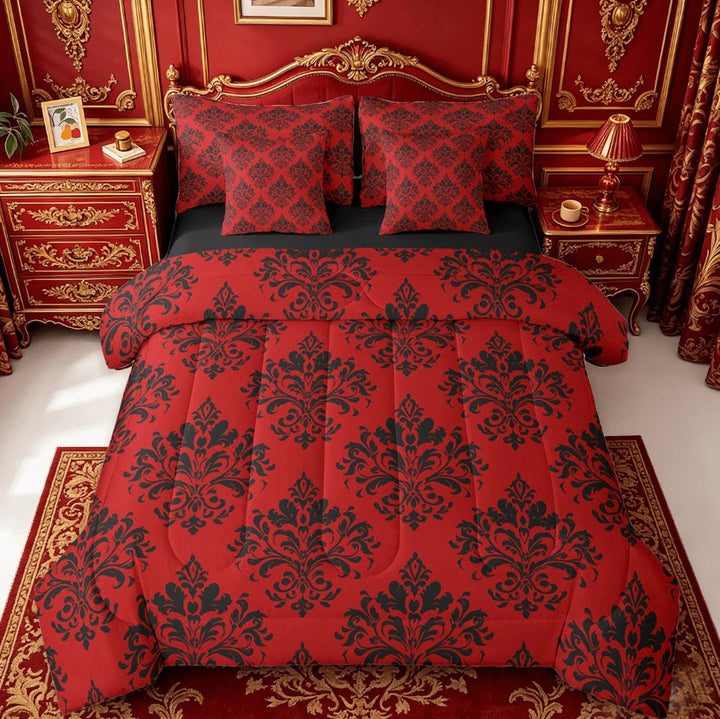Erosebridal Gothic Floral Bedding Sets Twin Size,Red Black Jacquard Comforter Sets with Sheets,Boho Bohemain Flower Bed in a Bag Twin Size,Lightweight Room Decor Reversible,7-Piece