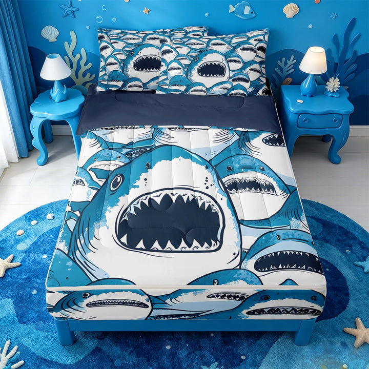 meiyoeat Cute Shark Zipper Twin Comforter Sets with Fitted Sheet and 2 Pillowcases,Kawaii Ocean Animal Zipper Bedding Set For Boys Kids,Navy Blue Reversible,4-Piece